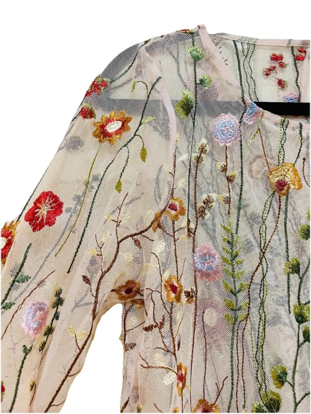 CYNTHIA ROWLEY Cream Floral Embroidered Mesh 3/4 Length Sleeve Shirt Sz M - Picture 3 of 7